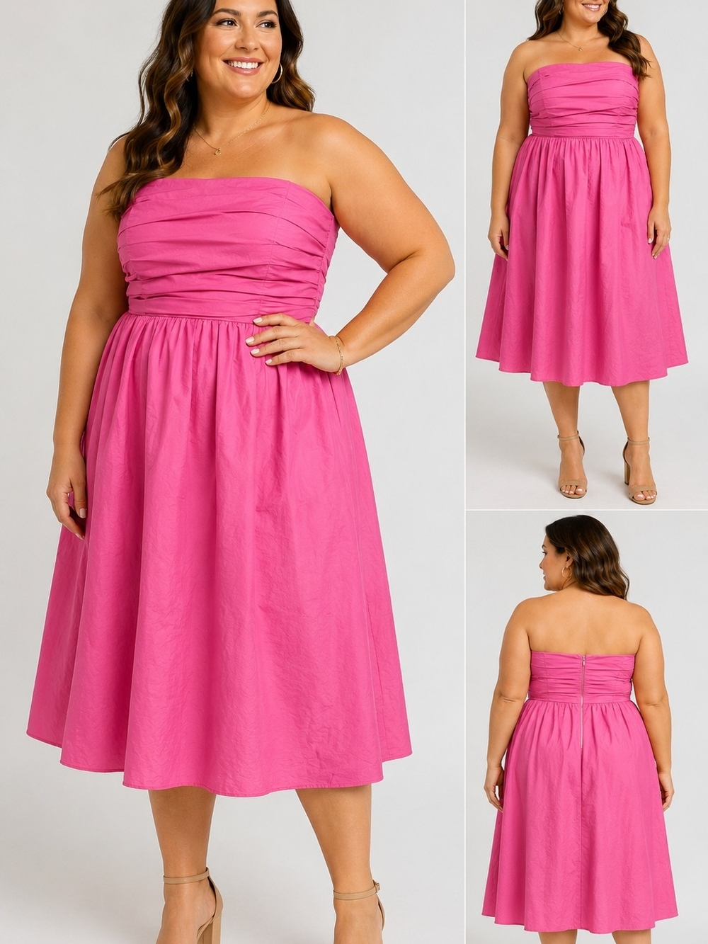 Prabal Gurung Strapless Ruched Midi Dress in Hot Pink